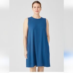 Eileen Fisher Georgette Crepe‎ Round Neck Sleeveless Dress Dark Teal Size Large